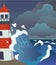 Sea storm. Vector illustration with lighthouse, clouds, and waves.