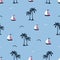 Sea summer seamless pattern with palm trees, ships, seagulls