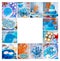 Sea and summer time theme for party or birthday. Collage of five pictures of sweets, cupcakes, pop cakes