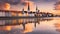 Sea sunset colorful evening sky and moon on cloudy skyline, light reflection on