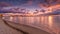 Sea sunset colorful evening sky and moon cloudy skyline, light reflection on seawater