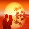 Sea sunset. Island with palm trees and couple.