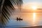 Sea sunset, ocean sunrise, tropical island beach, palm tree leaves, blue water wave, two people silhouette in boat, kayak, canoe