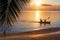 Sea sunset, ocean sunrise, tropical island beach, palm tree leaves, blue water wave, two people silhouette in boat, kayak, canoe