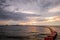 Sea and sunset with red buoy view of safe swimming zone