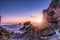 Sea sunset. Sea scape with rocks, long exposure