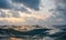 Sea surface, abstract closeup low angle view from swimming person point of view, morning overcast sky background