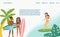Sea surfing, surfers extreme sports landing page, summer vacation activity fun website vector illustration, girl on wave