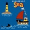 Sea theme cartoon, lighthouse, sailboat with funny sailor, shark