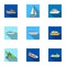 Sea transport, boats, ships. To transport people, thunderstorms. Ship and water transport icon in set collection on flat