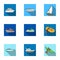 Sea transport, boats, ships. To transport people, thunderstorms. Ship and water transport icon in set collection on flat