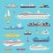 Sea transport set of water transportation shipping carriages isolated vector illustrations. Ship, yacht, boat vessel and