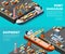 Sea transportation horizontal vector sea freight and shipping banners with isometric seaport, ships, containers and