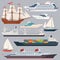 Sea transportation. Vector illustrations of ships and different boats. Flat style pictures