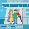 Sea travel banner vector illustration. Couple of people standing on ship in ocean water. Colorful ara parrot sitting on