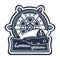 Sea travel logo. Ship steering wheel, helm, rudder