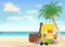 Sea travel object with sun glasses suitcase ukulele safety torus beach ball with beach background