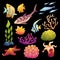 Sea tropical fish, coral, star cartoon vector set