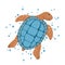 Sea turtle character. Cartoon hand drawn illustration of cute ocean animal. Childish t shirt print, poster. Flat isolated vector
