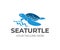 Sea turtle by the coastline and waves, logo design. Animal, wildlife, sea life and nature, vector design