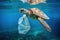 Sea turtle deep underwater with plastic bag. Ecology problems and plastic garbage. Generative AI