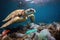 Sea turtle deep underwater with plastic bag. Ecology problems and plastic garbage. Generative AI