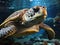 Sea turtle explorer with flashlight in aquarium