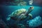 Sea turtle in Ocean polluted by junk and plastic bags. Generative Ai illustration