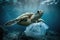 Sea turtle in Ocean polluted by junk and plastic bags. Generative Ai illustration