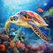 sea turtle peacefully gliding through crystal-clear waters, surrounded by colorful fish and coral by AI generated