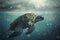 The sea turtle sleeps dreaming on the clouds in front. Generative AI