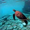 Sea turtle swimming underwater. Digital illustration in painting style.