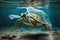 Sea turtle trapped in plastic under the ocean created with Generative AI technology.