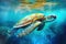 Sea Turtle Under a Tropical Colorful Clear Sea, Generative AI