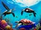 Sea Turtles Playing in the Ocean\\\'s Coral Reef