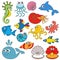 Sea underwater animals set, the collection of coloring book template, the group of outline digital elements.