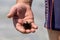 Sea urchins Echinoidea in a man`s hand close-up
