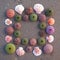 Sea urchins and shells on wet sand frame