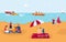 Sea vacation, entertainment, surfing yachting and picnic at sea shore vector illustration. Swimming, sailing on summer