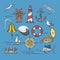 Sea vector marine or nautical symbols lighthouse and ship wheel illustration maritime set of sailboat anchor or lifebuoy