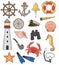 Sea vector marine or nautical symbols lighthouse and ship wheel or sailboat anchor or lifebuoy illustration maritime set