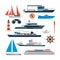 Sea vector set of ships, boats and yacht isolated on white background. Marine transport design elements, icons in flat