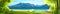 Sea. View from the bank overgrown with trees. Road. Flat style illustration. On the horizon there is a rocky coast with mountains