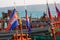 Sea view with khmer boat and Cambodian flags, Koh Rong.