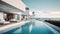Sea view. Luxury modern white beach hotel with swimming pool. Sunbed on sundeck for vacation home or hotel. Generative AI