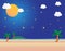 Sea view with moon and stars in midnight, Beautiful moon at beach,paper art style background flat design vector illustration