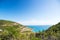 Sea view from mountain in philipsburg, sint maarten. Seascape on sunny blue sky, natural landscape. Summer vacation at Caribbean.