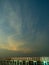 Sea view near mangrove forest with man made wooden barrier for wave protection, under starry nigh cloudy sky