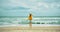 sea view with waves and cloudy sky, woman standing at beach in summer clothes