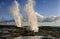 Sea water jets on Cadiz coastline rocks, Spain